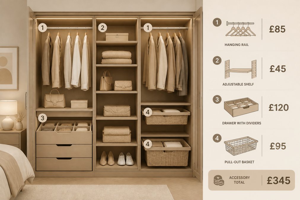 Interior view of an open fitted wardrobe showing organized internal storage with chrome hanging rails, adjustable wooden shelving, soft-close drawers with integrated dividers, pull-out baskets, and LED strip lighting in a modern bedroom with neutral tones