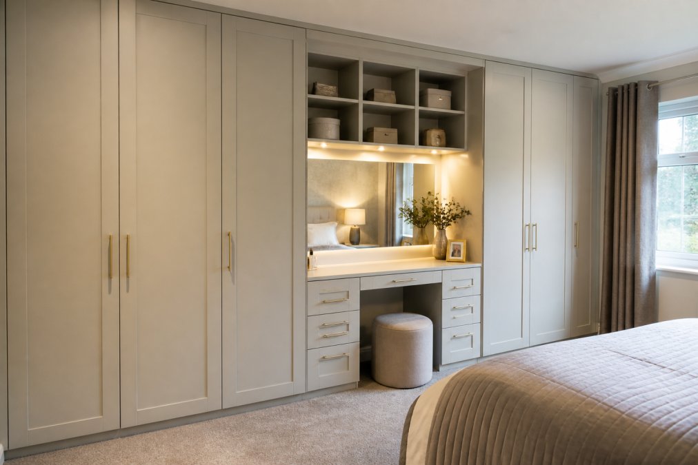 Modern bedroom featuring floor-to-ceiling bespoke fitted wardrobe with central integrated dressing table, mirror reflecting soft warm task lighting, organised shelving above vanity, neutral cabinetry finish, natural daylight from window