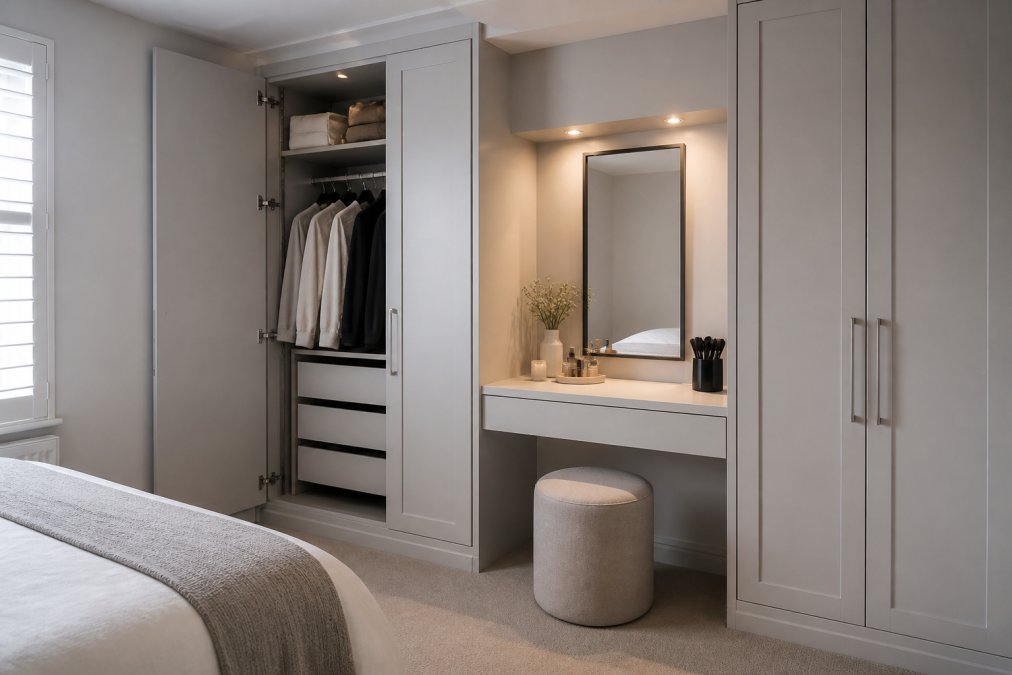 Compact bedroom with bespoke fitted wardrobe and integrated dressing table built into alcove, showing efficient vertical storage, organised interior compartments, soft task lighting on vanity, minimal floor space usage, neutral colour scheme