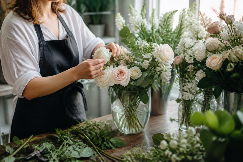Professional florist's hands carefully arranging white and blush roses with eucalyptus in a clear glass vase, surrounded by seasonal blooms and greenery on a wooden work table with soft natural window light