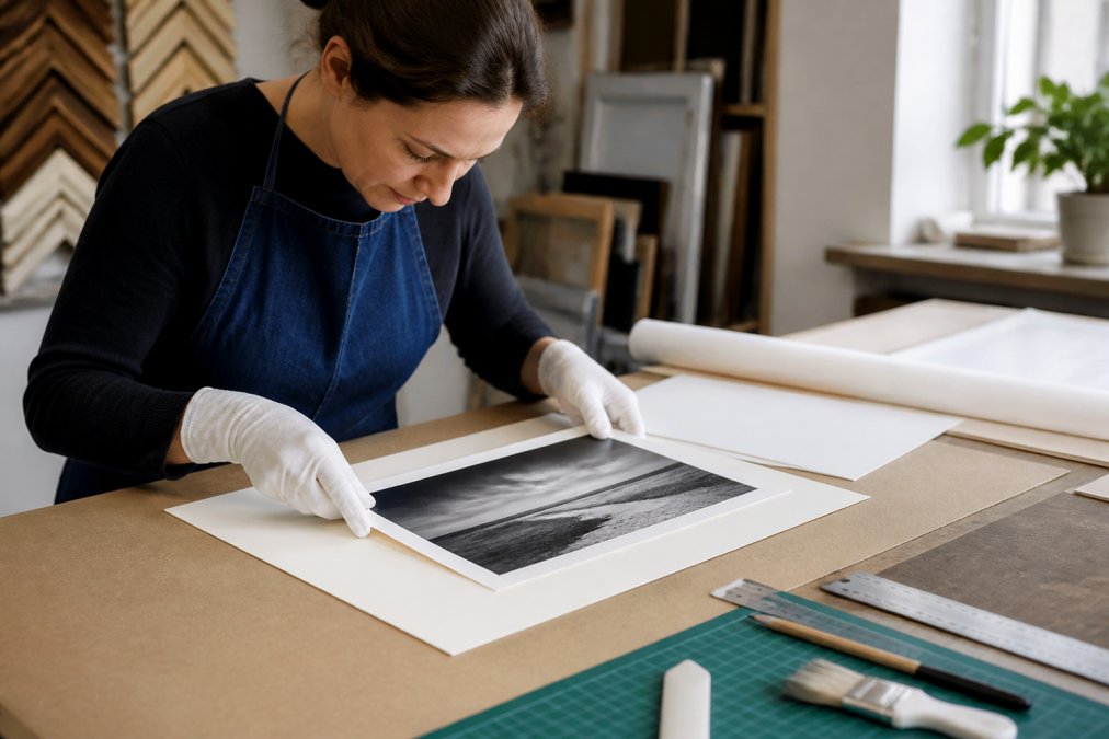 A framer in a bright studio workshop carefully placing a photographic print onto an acid-free mount board with gloved hands, conservation tools and a cutting mat on the workbench nearby