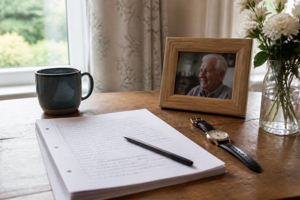 A quiet tabletop scene at home: a handwritten list of memories on lined paper, a framed photograph of an older person, a favourite mug and a wristwatch, soft natural window light