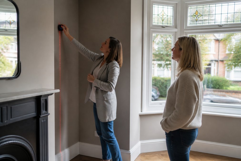 An interior designer using a laser measure in a narrow living room alcove while a homeowner looks on, natural daylight from a bay window
