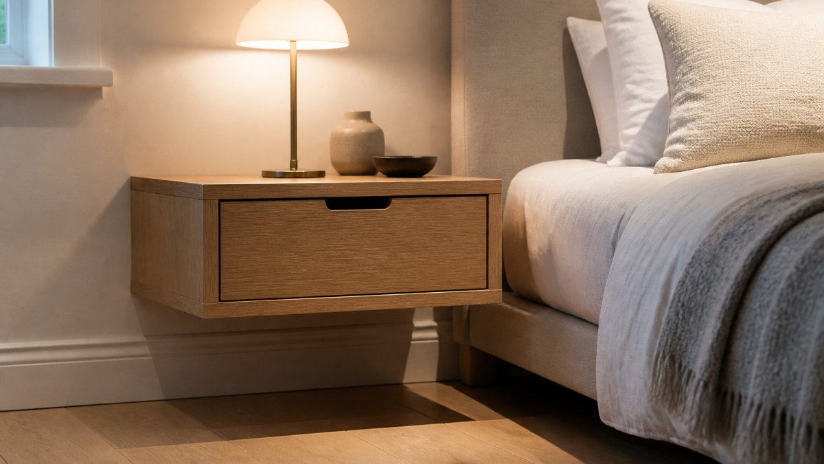 A compact bedroom with a wall-mounted oak bedside table floating beside a low bed, warm lamplight, clear floor space beneath