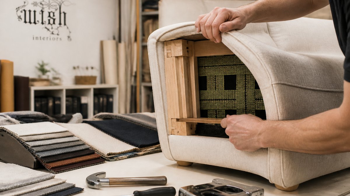 Close-up of a craftsman's hands lifting the corner of a sofa cushion to reveal the frame joint and webbing underneath, in a bright upholstery workshop with fabric swatches and tools nearby
