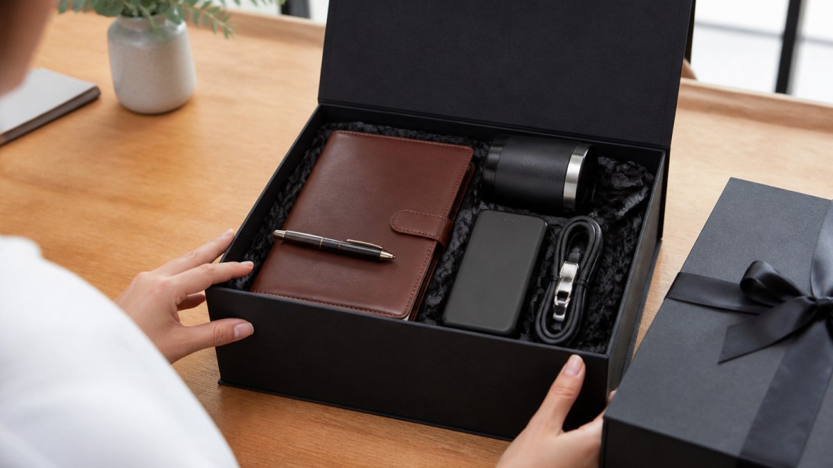 Premium gift box containing a leather journal and tech accessories on a wooden desk with soft morning light.