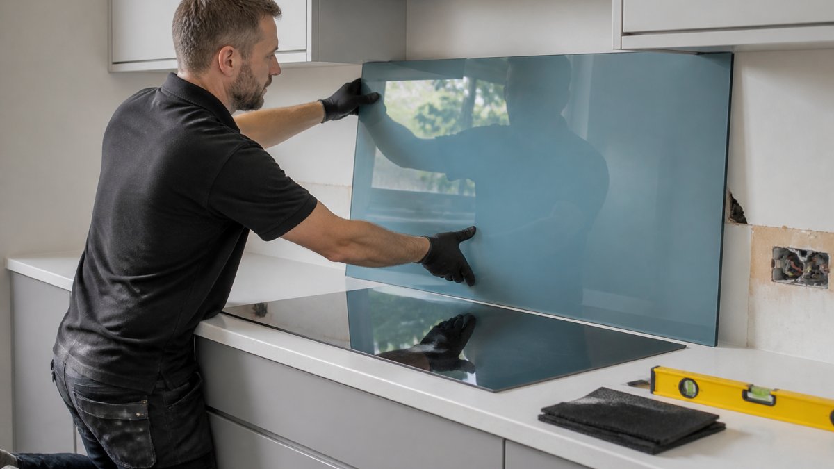 A glazier in work clothes carefully positioning a large sheet of coloured glass against a kitchen wall behind a hob, with protective pads and a spirit level on the worktop nearby