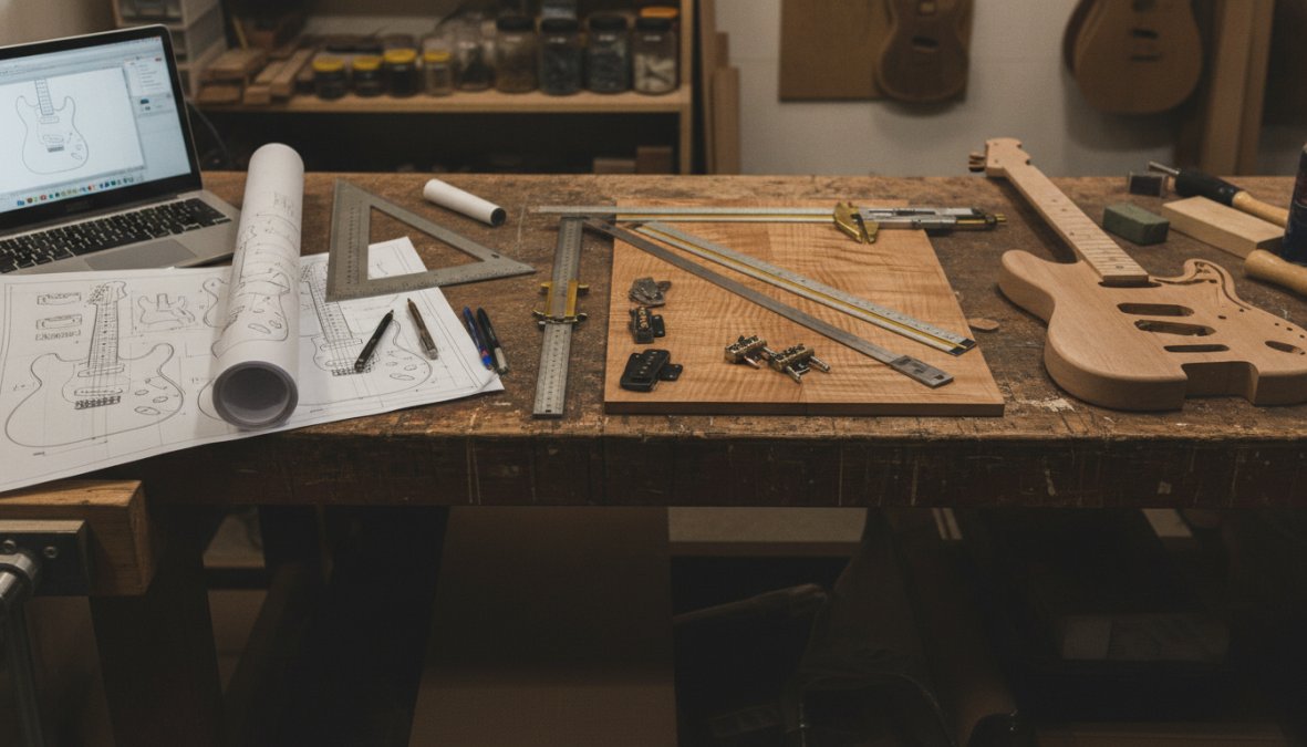 Close-up of a luthier's hands sketching guitar specifications and measurements on a design template with rulers, calipers, and technical drawings spread across a wooden workbench