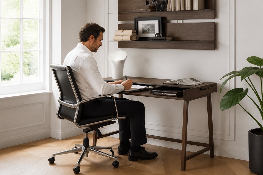 A professional working comfortably at a custom-configured solid ash desk with a pull-out drawer and leather insert, seated in an ergonomic chair at correct height, monitor positioned at eye level, natural light from a nearby window illuminating the workspace from the left