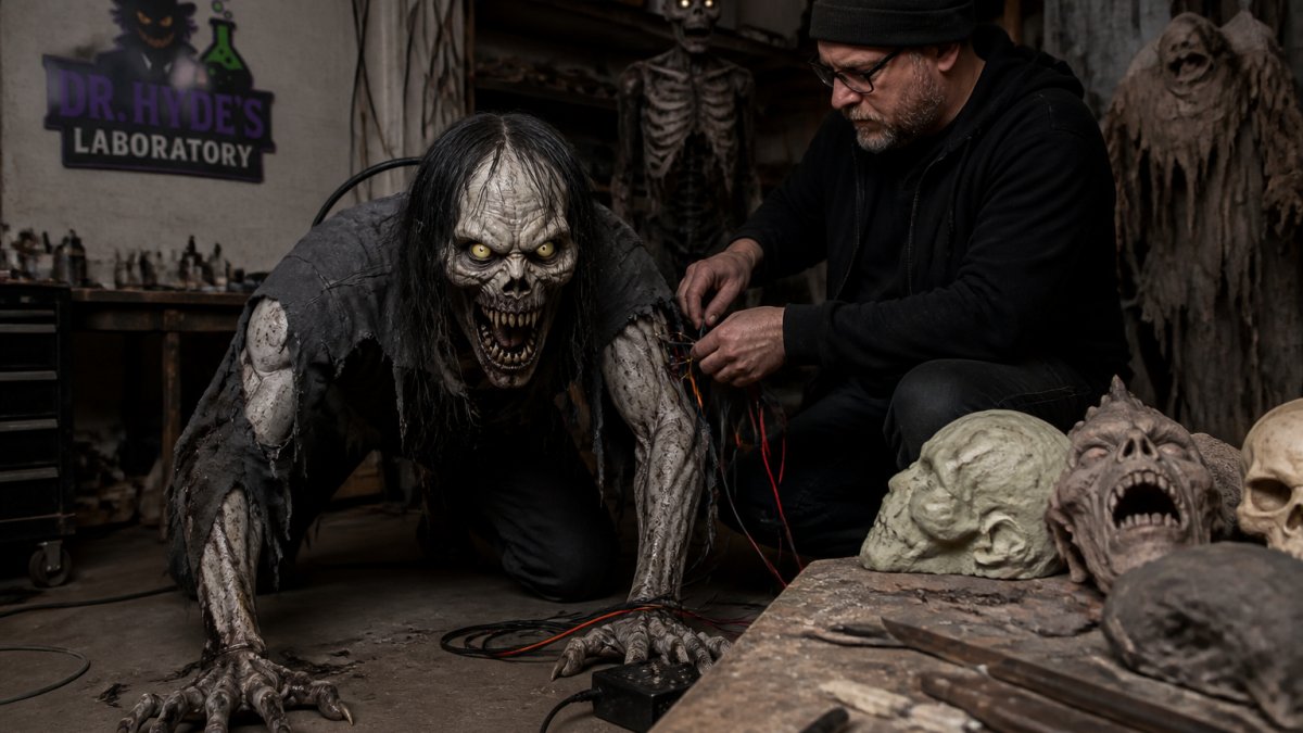 A haunted house operator in a dimly lit workshop testing an animated crouching monster prop, with loose wiring, sculpting tools, and half-finished creature props on a workbench nearby