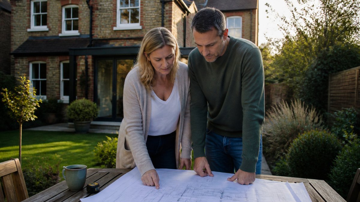 A couple standing in their garden looking at a set of architectural plans spread on a wooden table, with a period Victorian house behind them and soft late-afternoon light
