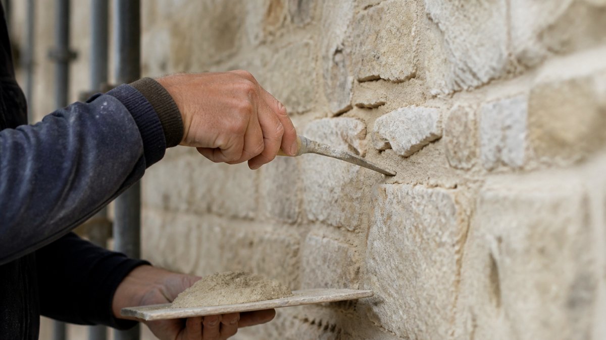 Step-by-step process of applying lime mortar for a bespoke house renovation using traditional stone pointing.