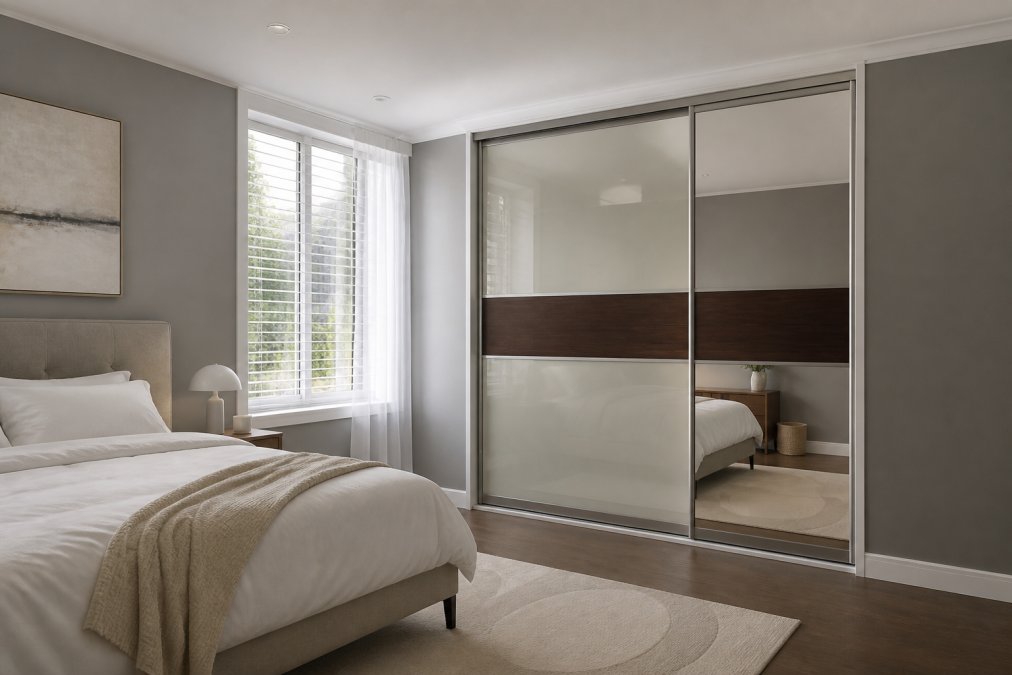 Modern bedroom featuring fitted sliding wardrobe doors with glass and mirror panels reflecting natural light, sleek aluminium frames in silver finish, clean minimalist aesthetic with soft bedroom lighting