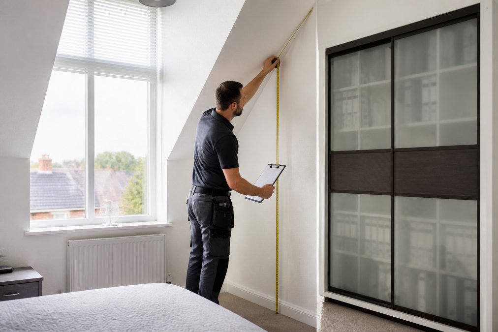 Professional tradesperson using measuring tape to carefully measure bedroom alcove with sloped ceiling, clipboard and notes visible, precision fitting for awkward space, natural daylight from window