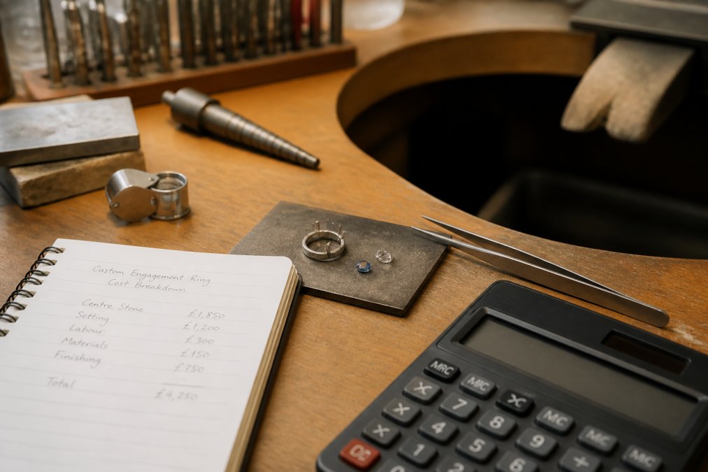 A jeweller's workbench in a warm, well-lit workshop with a bespoke engagement ring in progress, loose gemstones, fine tweezers, and a handwritten cost breakdown sheet visible beside the tools