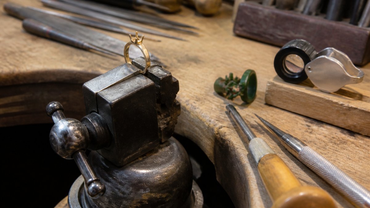 A jeweller's workbench in a warm workshop, with a gold ring clamped in a vice, hand tools, a wax model and a magnifying loupe on the bench