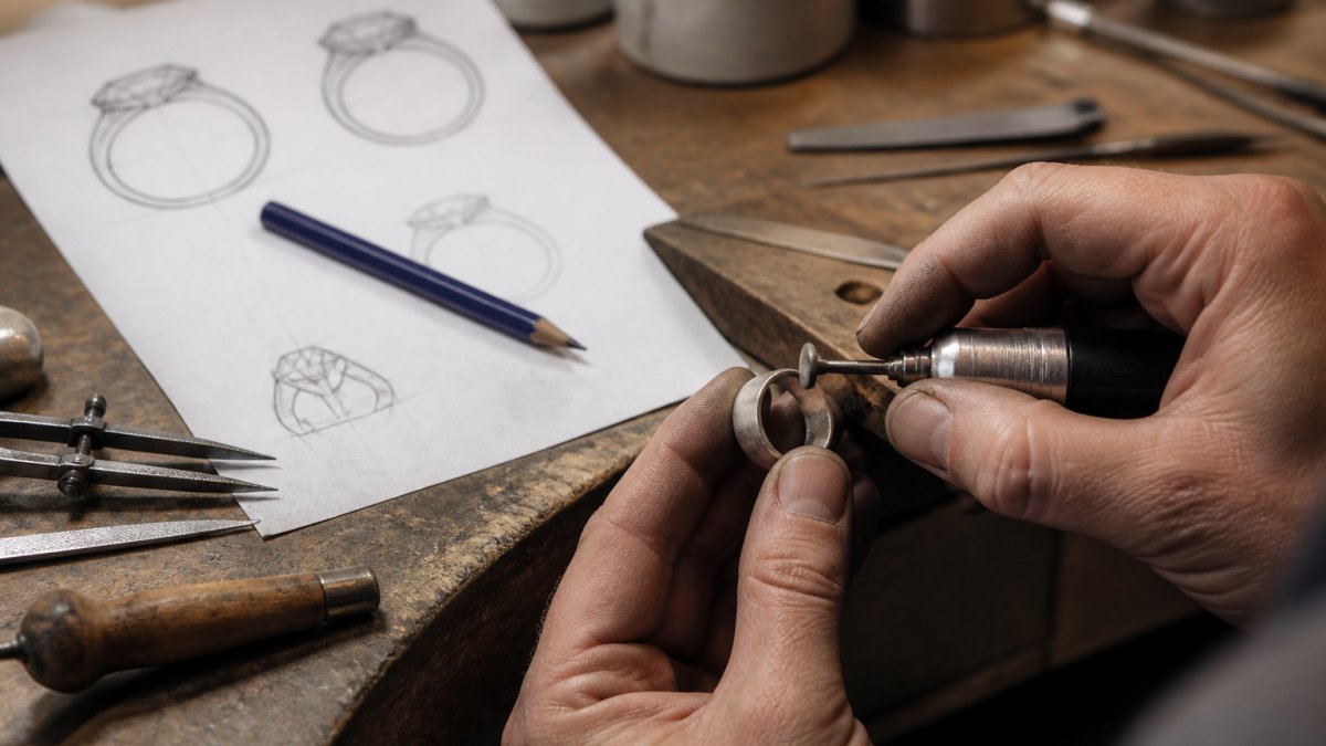 A close-up of a jeweller's hands working on a silver ring at a workbench, with fine tools and a pencil sketch visible in the background under warm workshop lighting