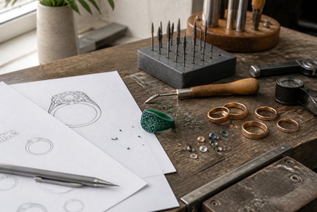 A jeweler's workbench in a bright atelier, with hand-drawn design sketches, a wax carving of a ring, and loose gemstones laid out beside 18k gold band samples