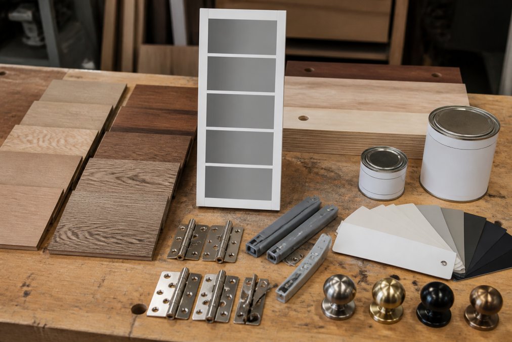 Close-up of timber samples, joinery hardware including hinges and soft-close mechanisms, and finishing materials arranged on a workshop bench, showing different wood grades and metal finishes