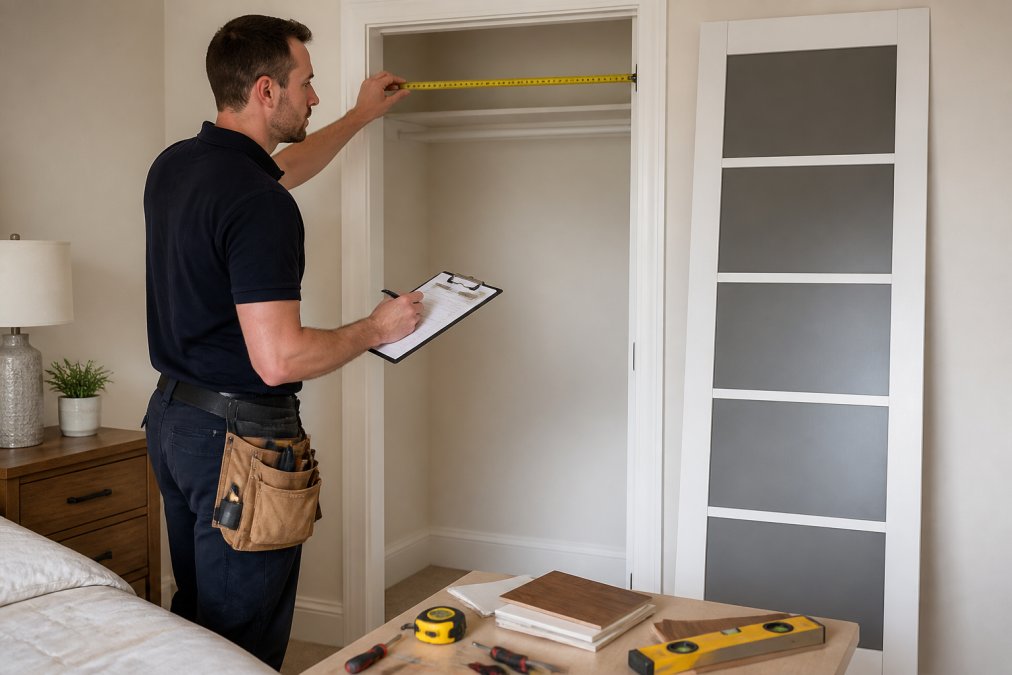 Professional joiner measuring a bespoke wardrobe opening in a residential bedroom using a steel tape measure and taking notes on a clipboard, demonstrating the site survey process