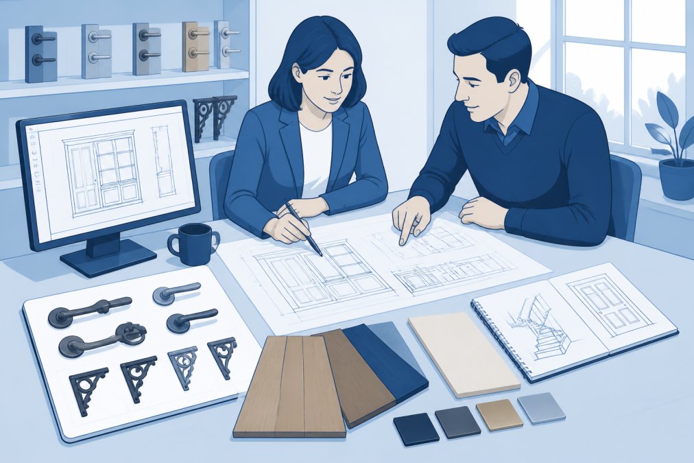 Interior designer and homeowner reviewing CAD drawings and material samples on a table during a consultation meeting, with timber finishes and design sketches visible, natural office lighting