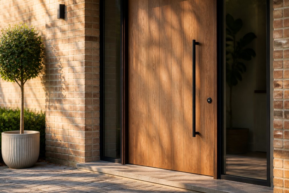 Close-up of a modern timber front door with sleek minimalist black hardware, set in a contemporary brick facade with large glass side panels, soft afternoon light casting shadows across the threshold
