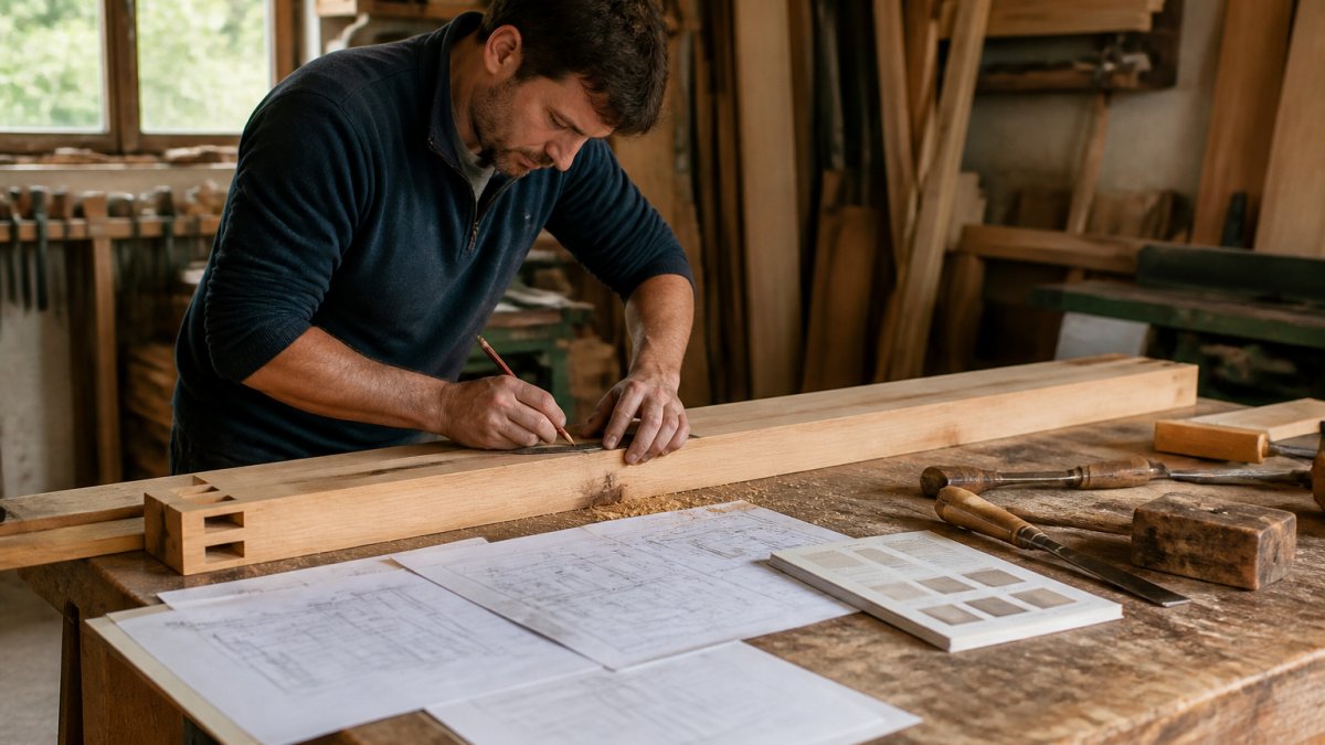 Craftsman in a timber workshop carefully measuring and marking timber for custom joinery, with technical drawings and specification documents visible on the workbench under natural lighting