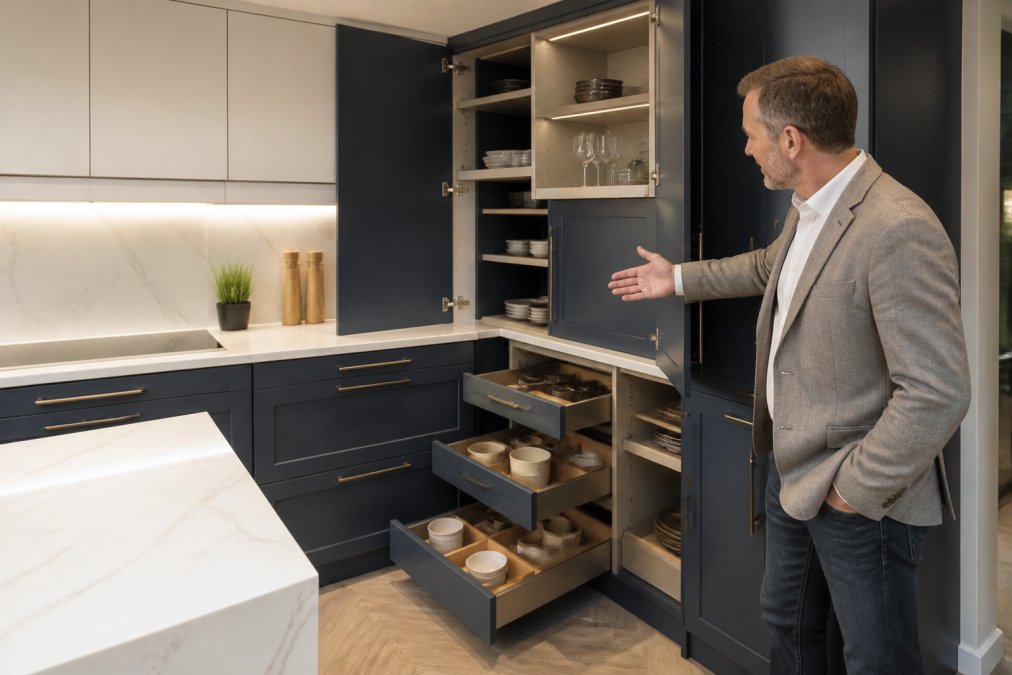 Modern kitchen interior showcasing custom-built cabinetry with fitted drawers and shelving that perfectly utilise an awkwardly shaped corner space, with a designer pointing to tailored storage solutions and quality joinery details