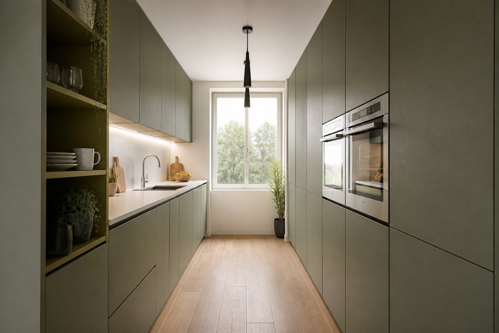 A sleek, narrow galley kitchen with handleless bespoke cabinetry in a matte sage-green finish, integrated appliances flush with the units, and slim black pendant lighting above a white countertop, photographed straight-on to emphasise the linear spatial planning, with warm natural light entering from a window at the far end