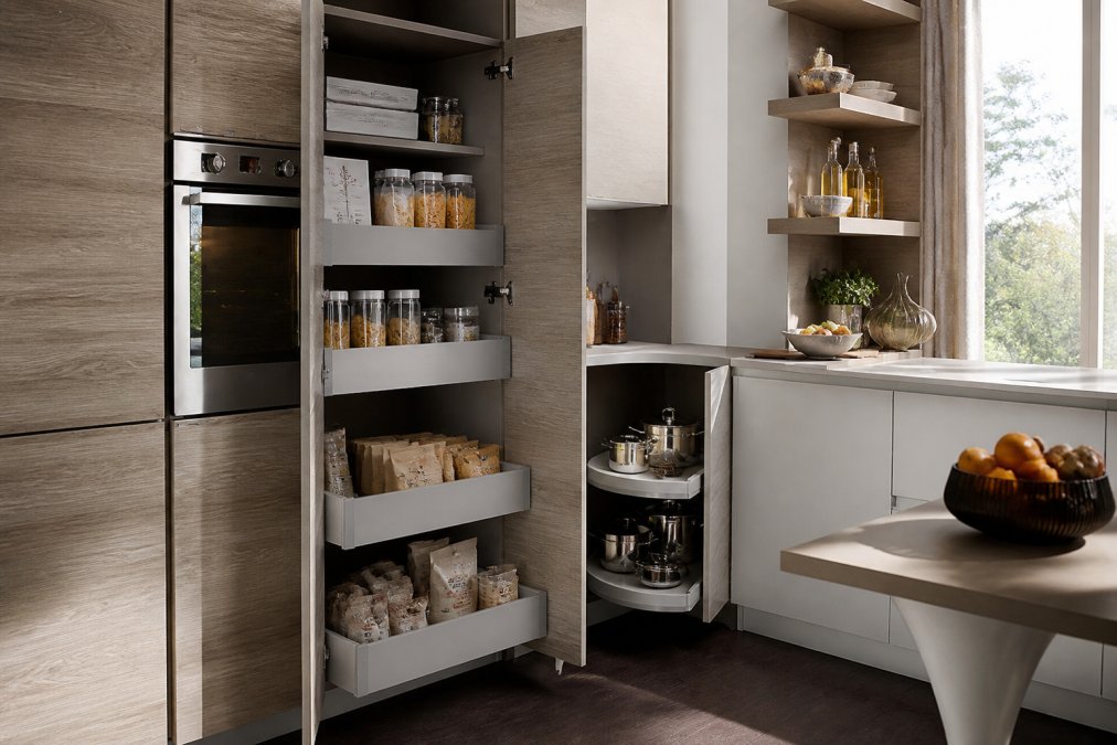 Close-up of open floor-to-ceiling bespoke cabinetry in a compact kitchen revealing pull-out pantry drawers stacked with neatly organised dry goods, a corner carousel unit open to show cookware arranged on its rotating shelves, and a section of open shelving above displaying ceramic bowls and olive oil bottles, warm natural light from a nearby window casting soft shadows