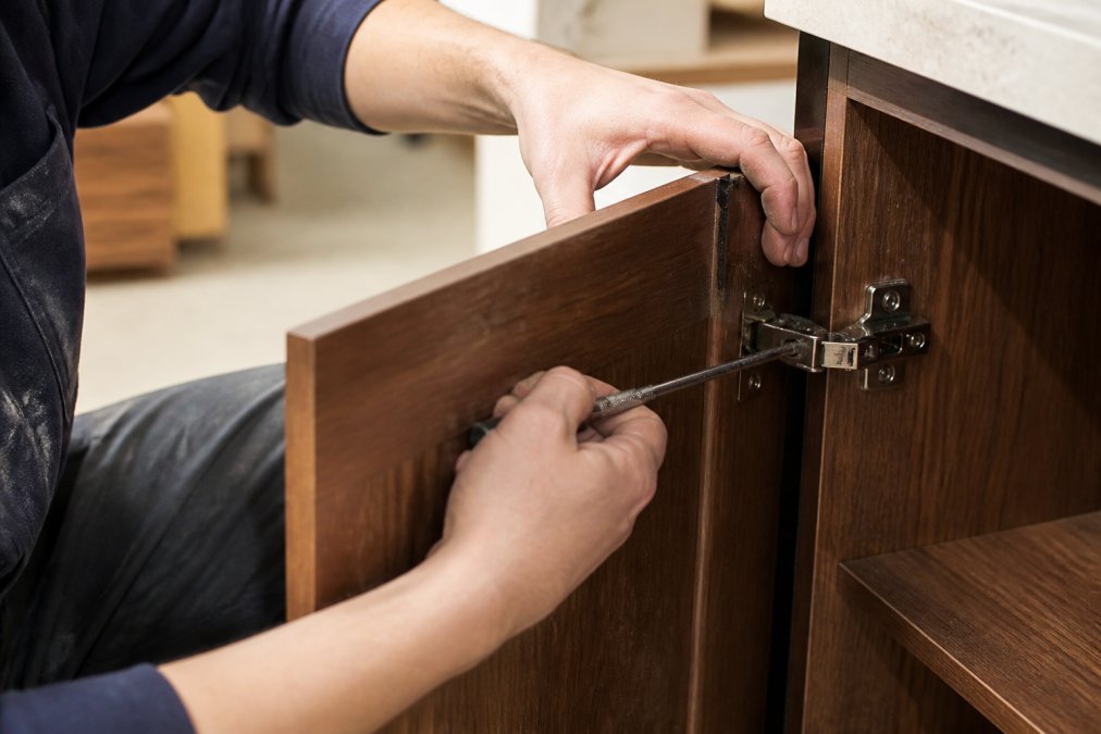 Close-up of a craftsman's hands adjusting a soft-close hinge on a high-end wooden cabinet door, showcasing the precision of bespoke joinery in a bright workshop