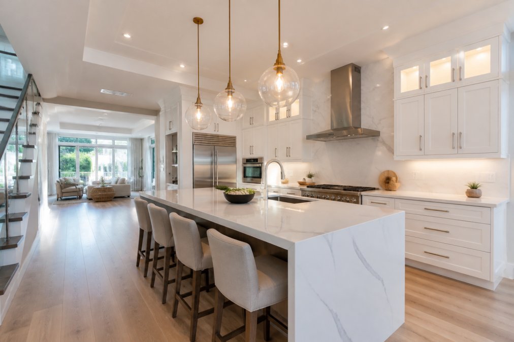 Luxury modern kitchen featuring open-concept layout with custom white cabinetry, waterfall island with quartz countertop, stainless steel appliances, and warm pendant lighting over seating area