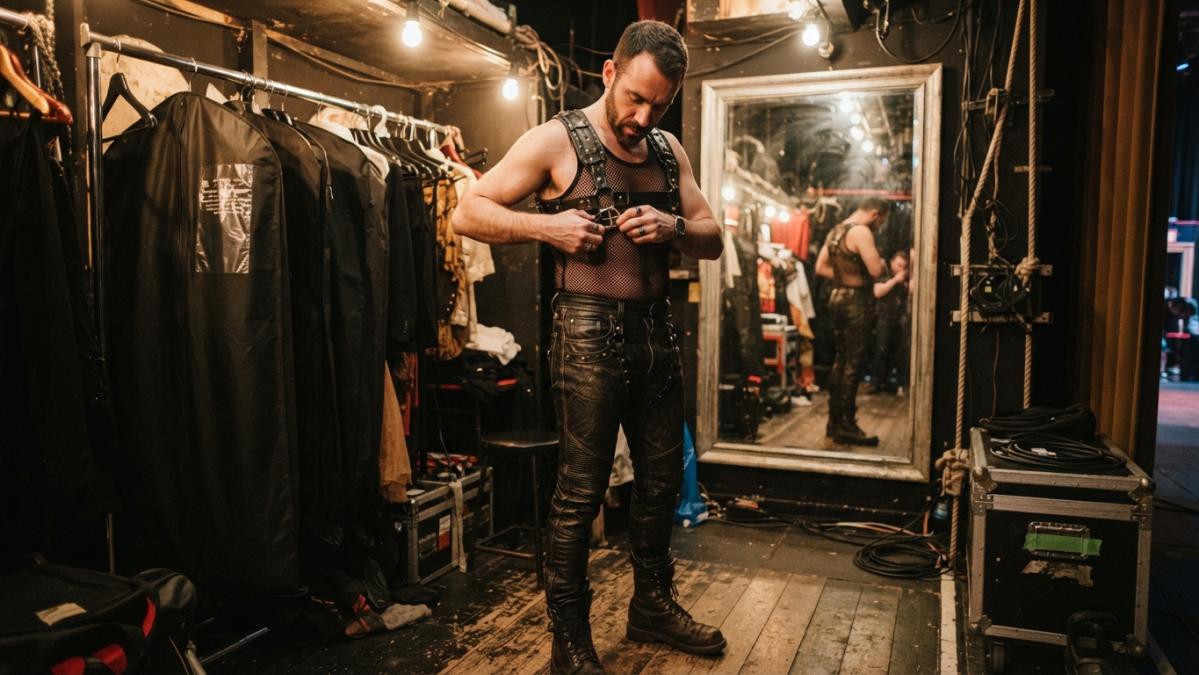A performer in a fitted bespoke leather harness and trousers standing backstage under warm stage lighting, adjusting a buckle, with garment bags and a mirror behind