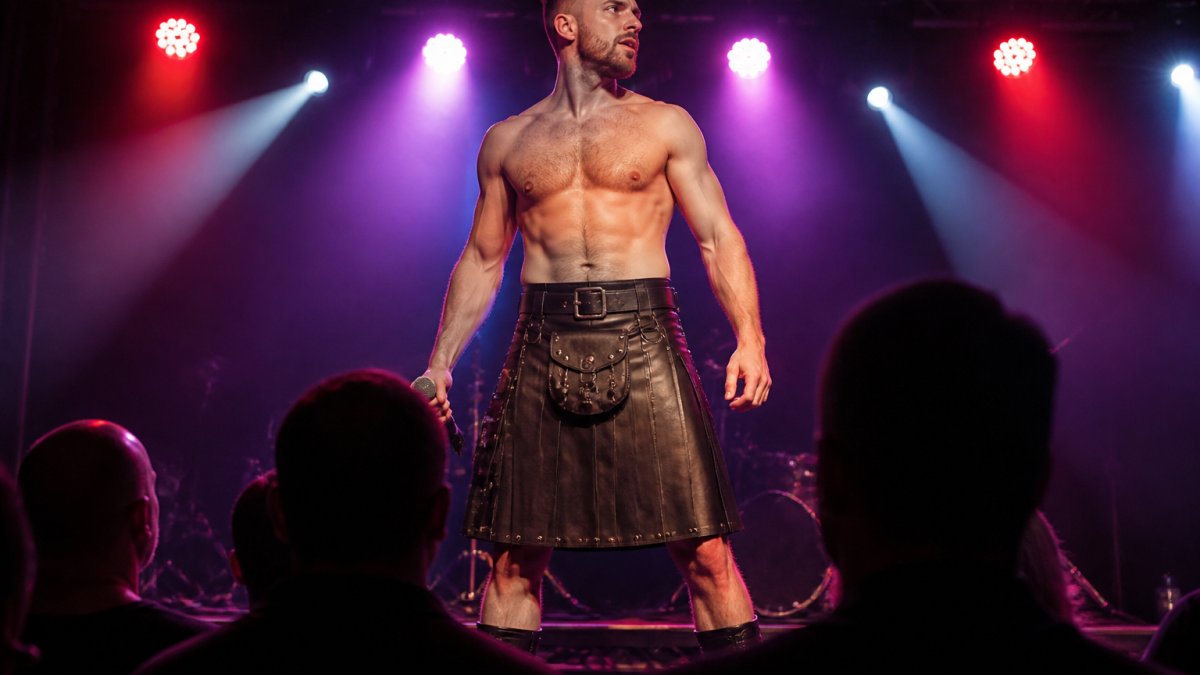 A performer on stage under coloured spotlights wearing a handcrafted full-grain leather kilt with heavy-duty nickel-plated hardware, audience silhouettes in the foreground