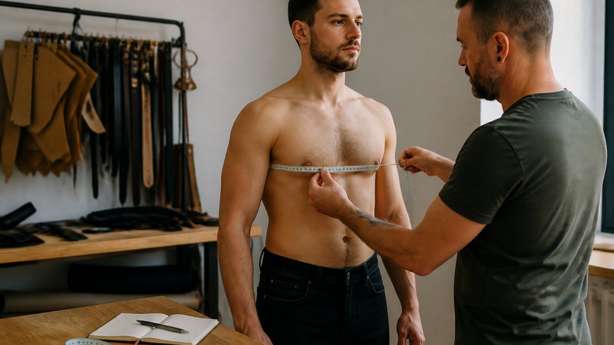 A man standing bare-chested in a well-lit room while a tailor's tape measure is held around his chest, a notebook and measuring tape on a nearby table