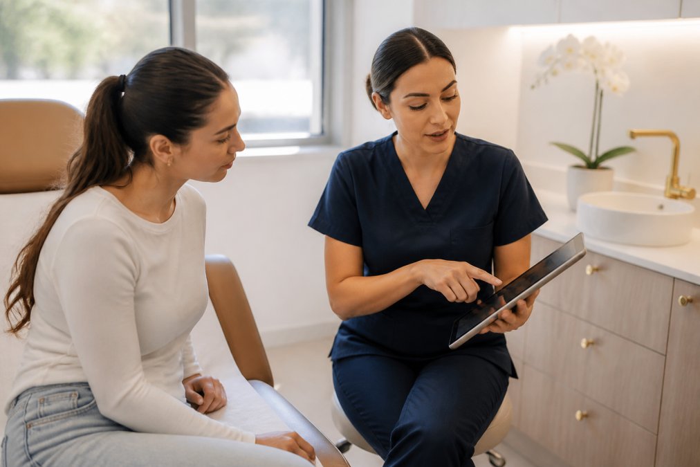 Registered nurse discussing a treatment plan on a tablet with a patient in one of our custom clinics