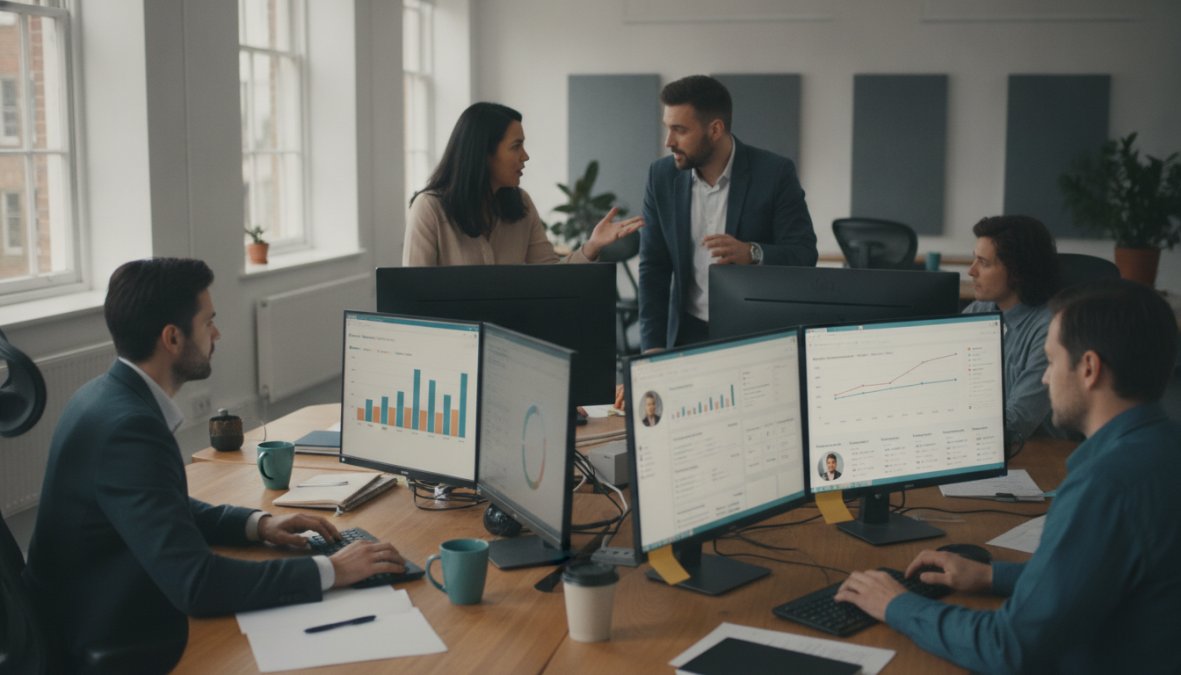 A team of administrators working together at desks with multiple monitors displaying member data dashboards and engagement metrics in a modern office environment