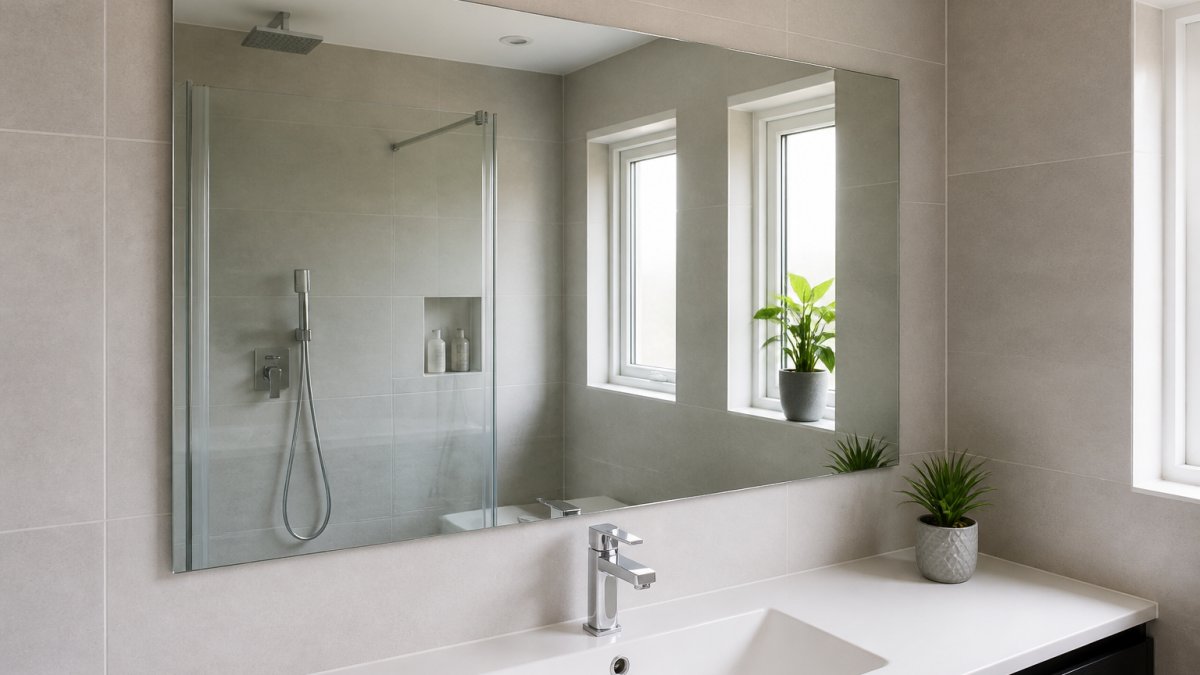 A bright modern bathroom with a large made-to-measure mirror above a sink, showing clean polished edges and a chrome tap reflected in the glass