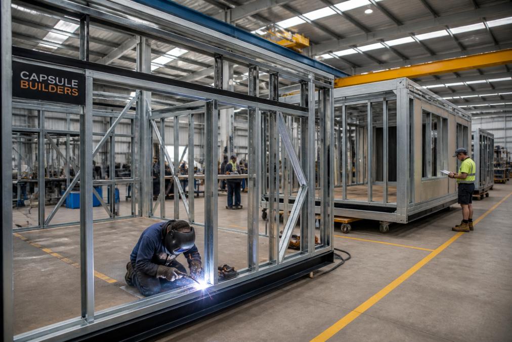 Steel-framed modular home modules in various stages of assembly within a modern manufacturing facility, showing precision welding and quality control checkpoints under bright industrial lighting