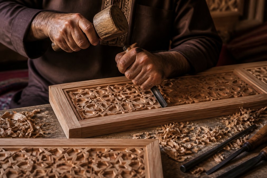 Master artisan's hands carving intricate geometric patterns into cedar wood with traditional chisel and mallet, wood shavings catching warm studio light, detailed craftsmanship visible in carved relief work