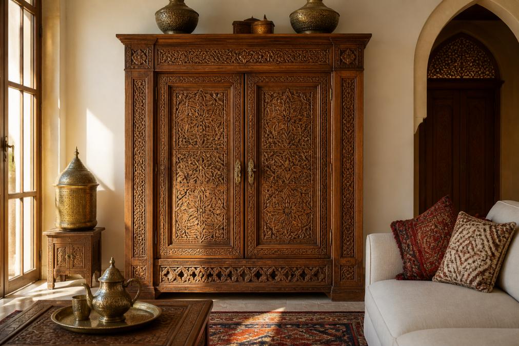 Luxurious living room interior featuring an ornate hand-carved wooden cabinet with intricate geometric patterns displayed prominently against a neutral wall, soft afternoon lighting illuminating the carved relief details and wood grain, complemented by traditional Moroccan textiles and brass accents