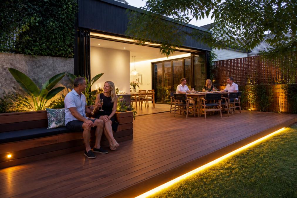 A completed bespoke timber deck attached to a contemporary home at dusk, with built-in bench seating, planter boxes and warm low-level lighting along the edge