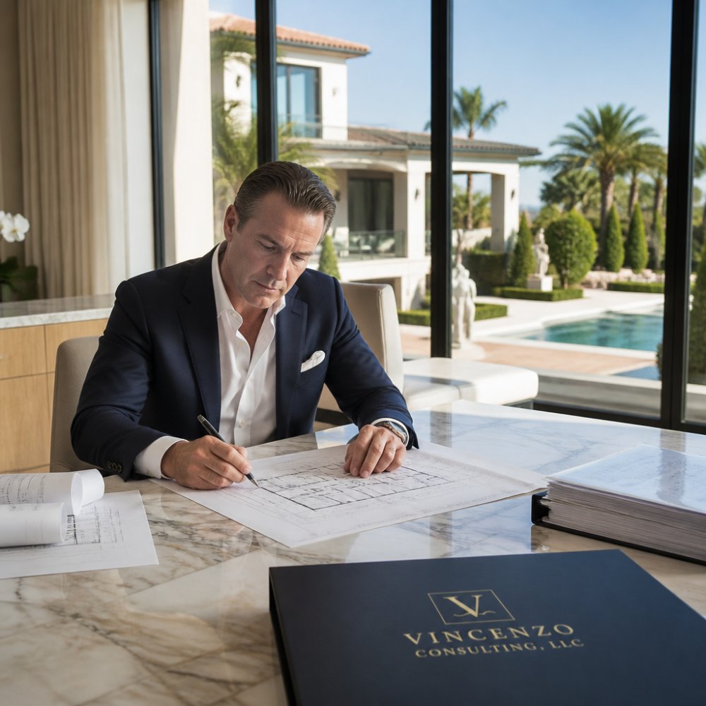 Professional owner's representative in business attire reviewing architectural blueprints and project documents at a marble desk with a luxury estate visible through floor-to-ceiling windows in the background