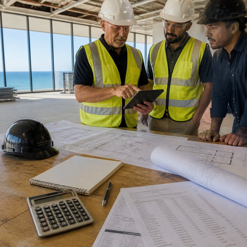 Construction oversight professional in safety gear conducting detailed on-site inspection of a luxury residential project under construction, reviewing progress notes on a tablet with contractors and architectural plans visible on the jobsite