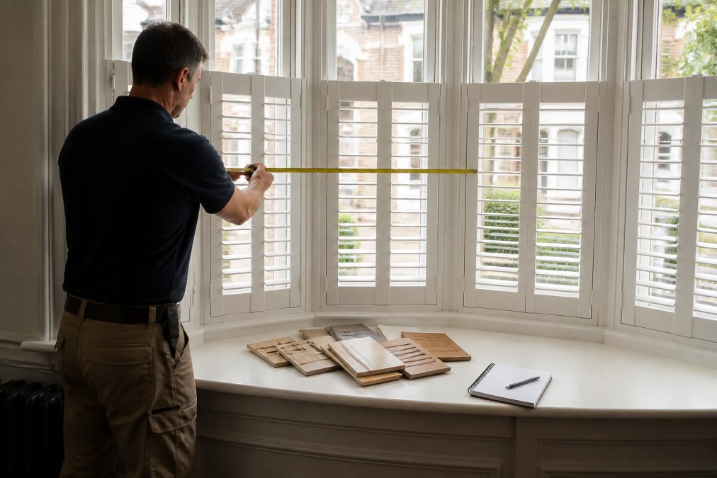 A craftsman measuring a large bay window in a period London home, with timber samples and a notebook resting on the windowsill in soft daylight