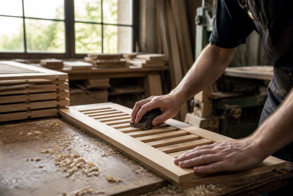 A craftsman's hands sanding a wooden plantation shutter panel in a well-lit workshop, wood shavings on the bench, natural daylight from a large window