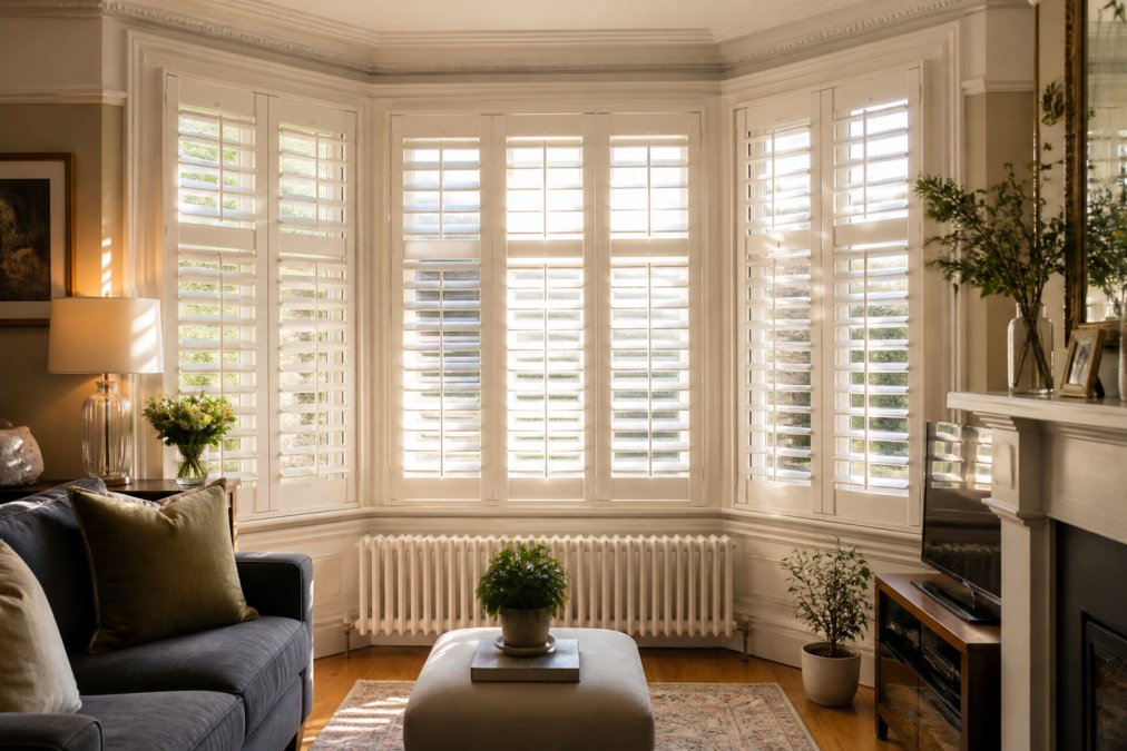 Interior of elegant Victorian bay window dressed with custom-fitted plantation shutters in soft white, shutters following the bay's curved angles seamlessly, warm afternoon sunlight streaming through partially closed panels