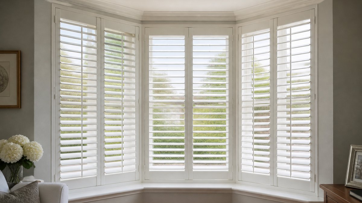 A close-up photograph of a bay window in a period home fitted with white plantation shutters, showing the angled side panels meeting neatly at the frame joints with soft daylight coming through the slats