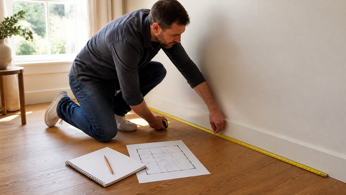 A person kneeling on a wooden living room floor using a retractable tape measure against a bare wall, with a notepad, pencil and floor plan sketch beside them, soft daylight from a window