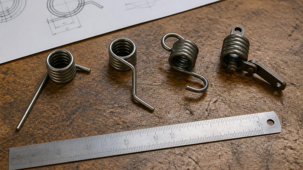 Diagram comparing four torsion spring leg configurations with technical measurements on a workbench